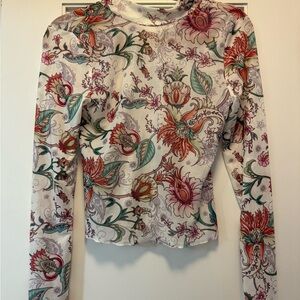 Elegant Floral Long Sleeve See Through Top - Red and Green